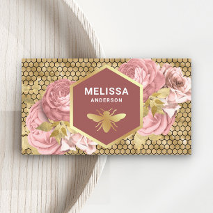 Dusty Pink Floral Gold Foil Honeycomb Honey Bee Visitekaartje