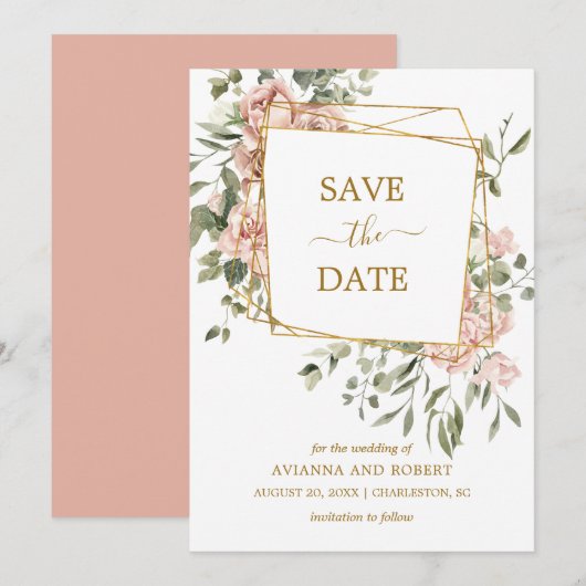 Dusty Pink Floral Gold Geometric Lijst behalve T Save The Date (Voorkant / Achterkant)