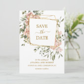 Dusty Pink Floral Gold Geometric Lijst Save The Date (Staand voorkant)