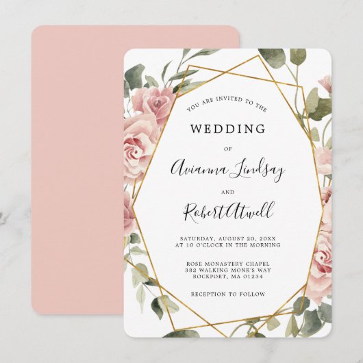 Dusty Pink Floral Gold Geometric Wedding Invi Kaart (Voorkant / Achterkant)