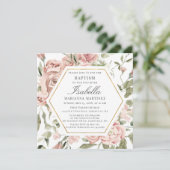 Dusty Pink Floral Gold Lijst Baptisme Invitation Kaart (Staand voorkant)