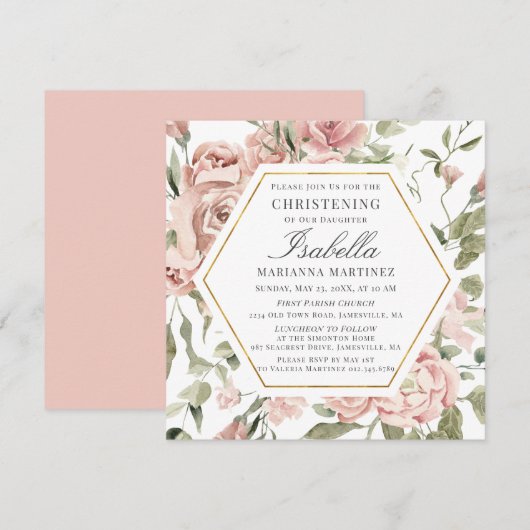 Dusty Pink Floral Gold Lijst Christening Kaart (Voorkant / Achterkant)