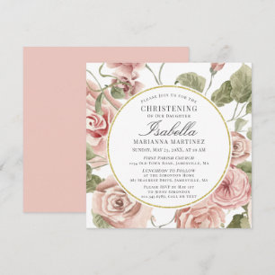 Dusty Pink Floral Gold Round Lijst Christening Kaart