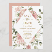 Dusty Pink Floral Gold Save the Date (Voorkant / Achterkant)