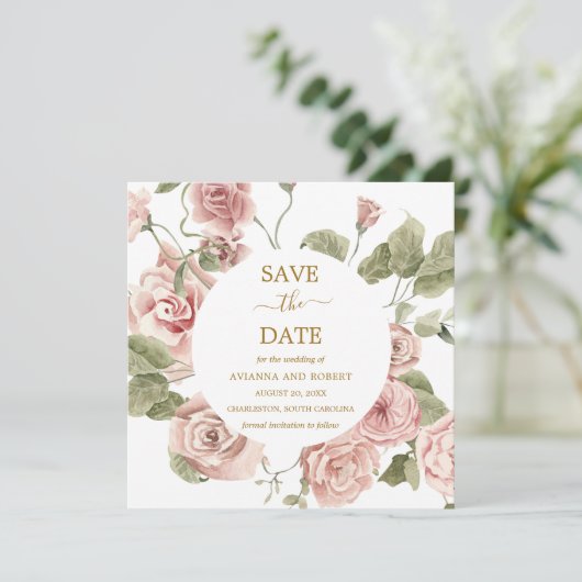 Dusty Pink Floral Gold Save the Date (Staand voorkant)
