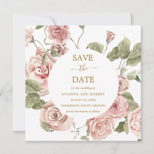 Dusty Pink Floral Gold Save the Date (Voorkant)