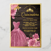 Dusty Pink Floral Gown Barn Wood Quinceanera Gold Folie Uitnodiging (Voorkant)