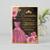 Dusty Pink Floral Gown Barn Wood Quinceanera Gold Folie Uitnodiging (Staand Voorkant)