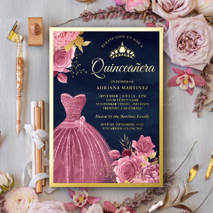 Dusty Pink Floral Gown Navy Blue Quinceanera Gold Folie Uitnodiging