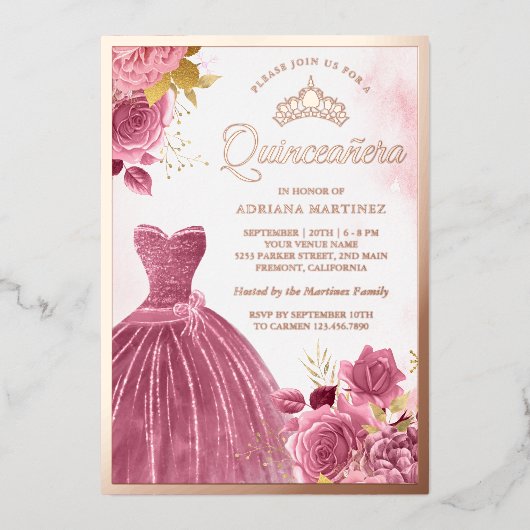 Dusty Pink Floral Gown Quinceanera Roos Gold Folie Uitnodiging (Voorkant)
