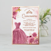 Dusty Pink Floral Gown Quinceanera Roos Gold Folie Uitnodiging (Staand Voorkant)