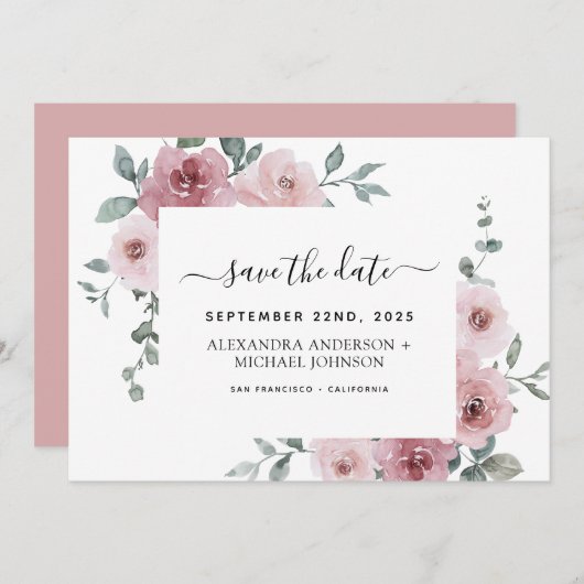 Dusty Pink Floral Green Save the Date Invitati Kaart (Voorkant / Achterkant)