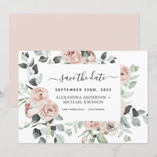 Dusty Pink Floral Green Save the Date Kaart