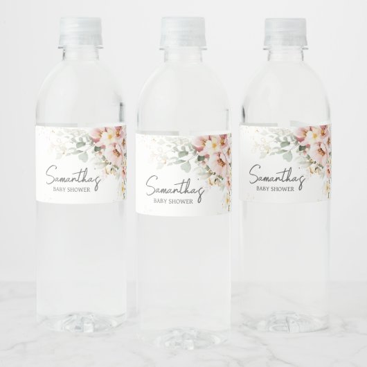 Dusty Pink Floral Greenery Baby shower Waterfles Etiket (Flessen)