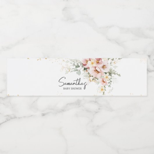 Dusty Pink Floral Greenery Baby shower Waterfles Etiket (Enkel label)