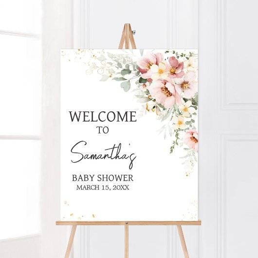 Dusty Pink Floral Greenery Baby shower Welkom Poster