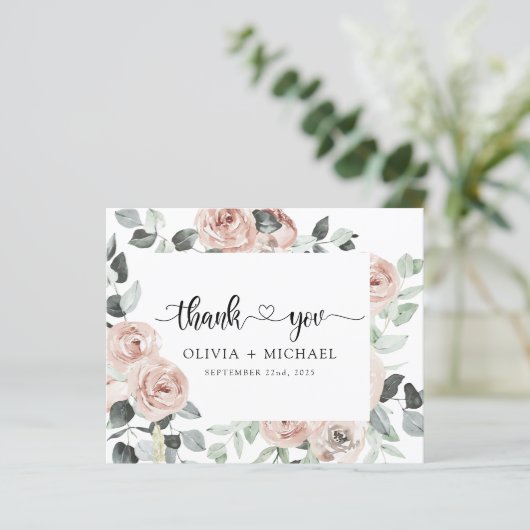 Dusty Pink Floral Greenery Hartelijk dank (Staand voorkant)