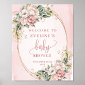 Dusty Pink Floral Greenery Welcome Baby Shower Sig Poster (Voorkant)
