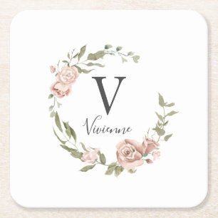 Dusty Pink Floral Monogram Naam Kartonnen Onderzetters