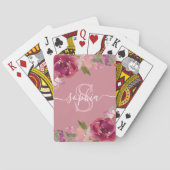 Dusty Pink Floral Monogramed Script Name Pokerkaarten (Achterkant)