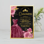 Dusty Pink Floral Plum Gown Black Quinceanera Gold Folie Uitnodiging (Staand Voorkant)