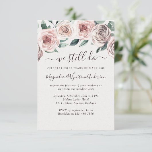 Dusty Pink Floral Rozen Modern Vow Renewal Kaart (Staand voorkant)