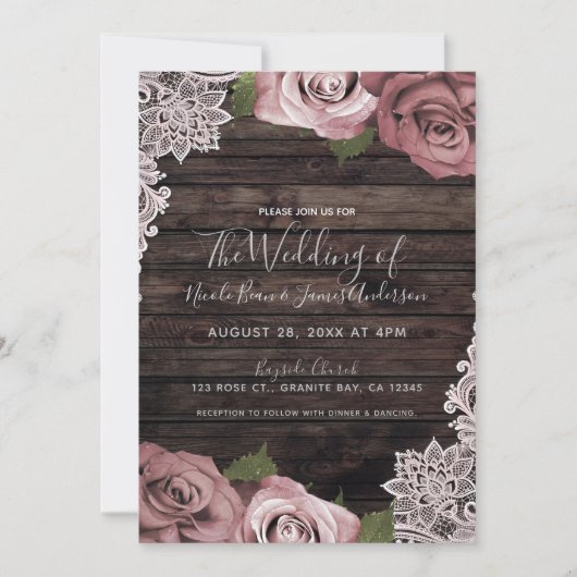Dusty Pink Floral Rozen Rustic Wood & Lace Wedding Kaart (Voorkant)
