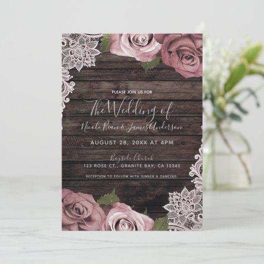 Dusty Pink Floral Rozen Rustic Wood & Lace Wedding Kaart (Staand voorkant)