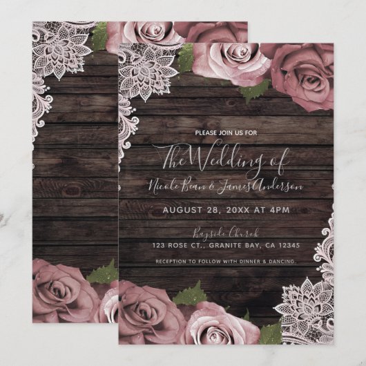 Dusty Pink Floral Rozen Rustic Wood & Lace Wedding Kaart (Voorkant / Achterkant)