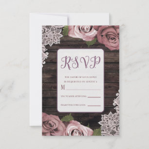 Dusty Pink Floral Rozen Rustic Wood & Lace Wedding RSVP Kaartje