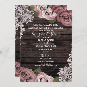 Dusty Pink Floral Rozen Rustisch Verloving Kaart