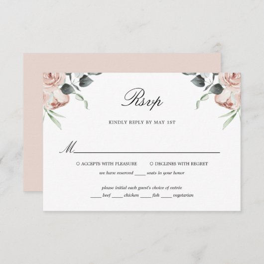 Dusty Pink Floral Rozen Wedding RSVP Kaart (Voorkant / Achterkant)