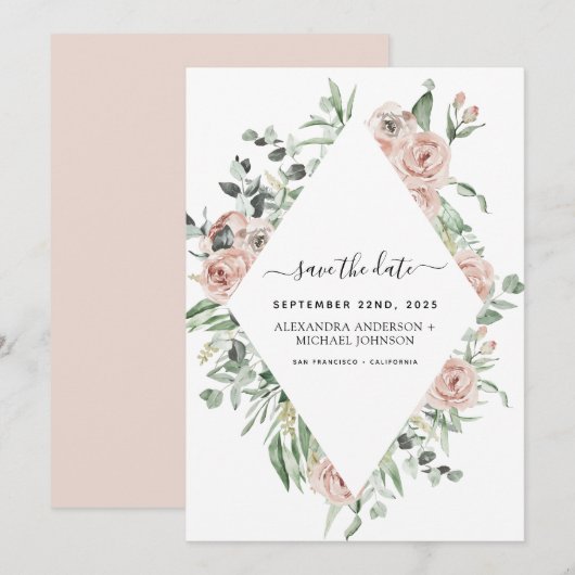 Dusty Pink Floral Save the Date Greenery Kaart (Voorkant / Achterkant)