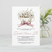Dusty Pink Floral Teacup Bridal Shower Tea Kaart (Staand voorkant)