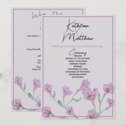 Dusty Pink Floral Waterverf Wedding Programmakaart (Voorkant / Achterkant)