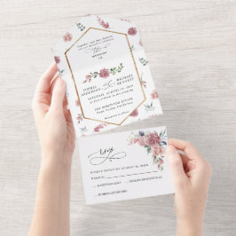 Dusty Pink Floral Wedding All In One Uitnodiging