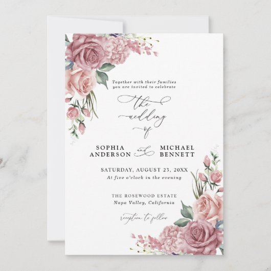Dusty Pink Floral Wedding Invitation Kaart (Voorkant)