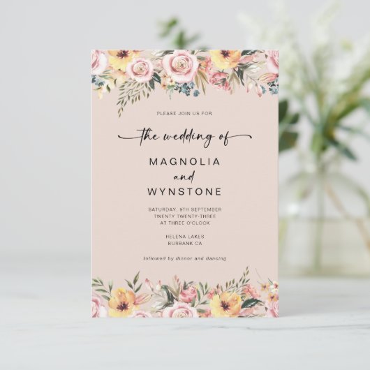Dusty Pink Floral Wedding Invitation Kaart (Staand voorkant)