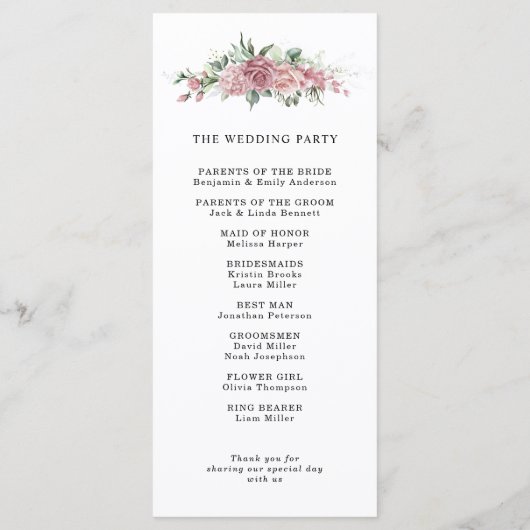 Dusty Pink Floral Wedding Program Programmakaart (Achterkant)