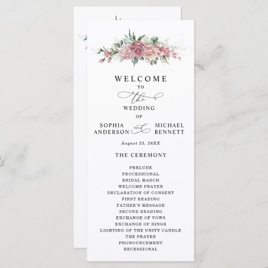 Dusty Pink Floral Wedding Program Programmakaart (Voorkant / Achterkant)