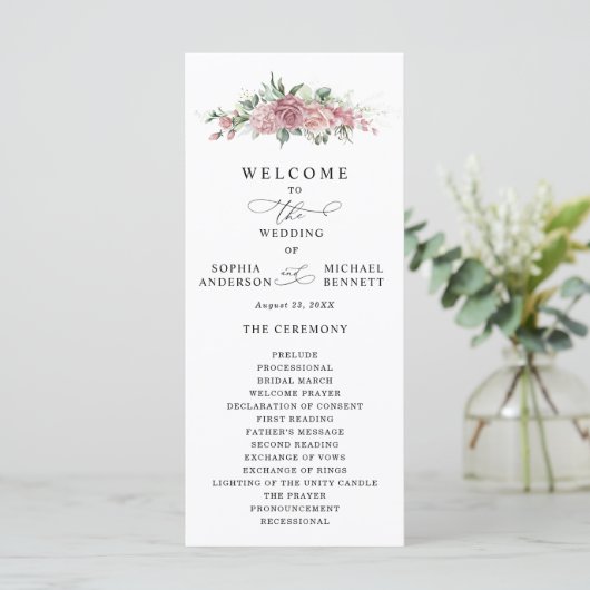 Dusty Pink Floral Wedding Program Programmakaart (Staand voorkant)