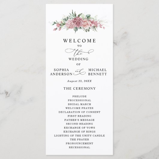 Dusty Pink Floral Wedding Program Programmakaart (Voorkant)