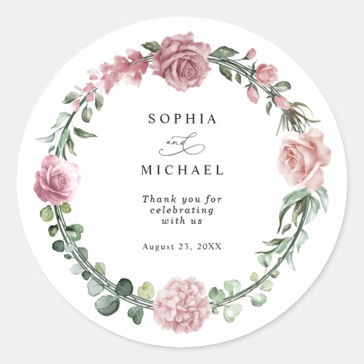 Dusty Pink Floral Wedding Ronde Sticker (Voorkant)