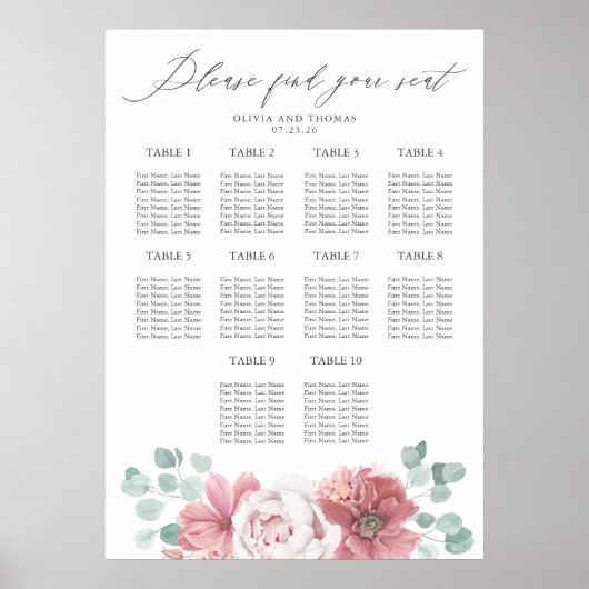 Dusty Pink Floral Wedding Seating Chart Poster (Voorkant)