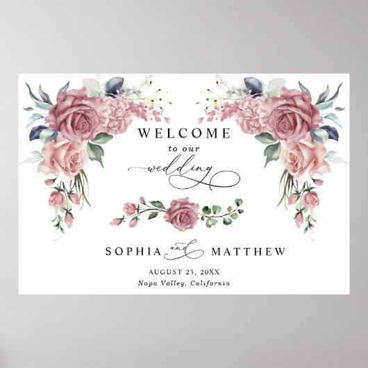 Dusty Pink Floral Wedding Welcome  Poster (Voorkant)