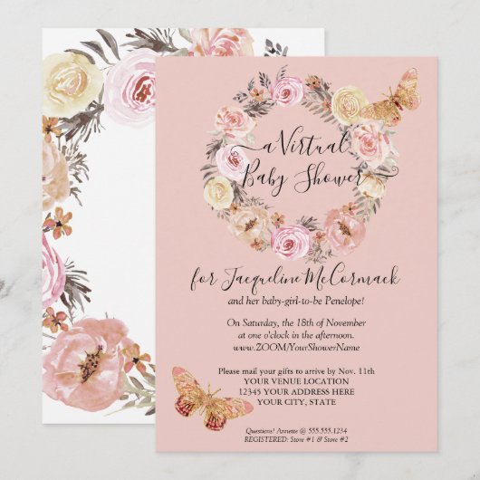 Dusty Pink Floral WreatButterfly Virtual Shower Kaart (Voorkant / Achterkant)