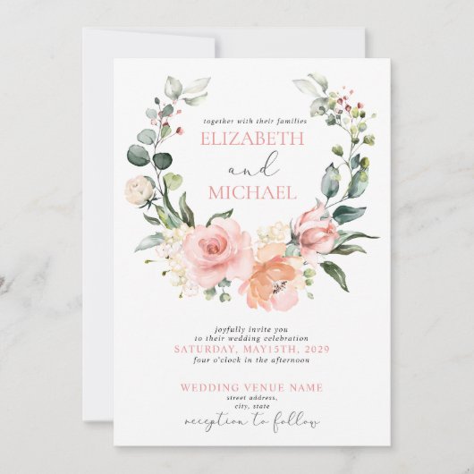 Dusty Pink Floral Wreath Spring Summer Wedding Kaart (Voorkant)