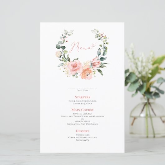 Dusty Pink Floral Wreath Wedding Menu (Staand voorkant)