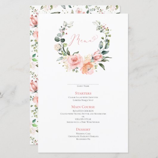 Dusty Pink Floral Wreath Wedding Menu (Voorkant / Achterkant)