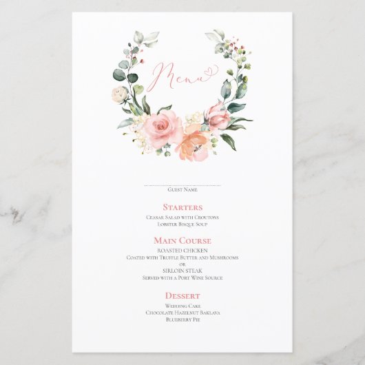 Dusty Pink Floral Wreath Wedding Menu (Voorkant)